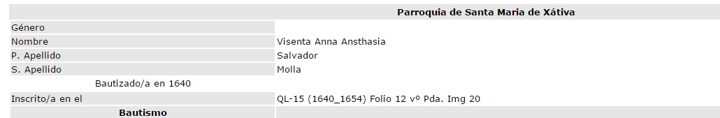 Bautismo Vicenta Salvador Molla, 1640