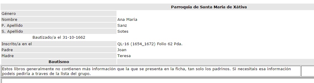 Bautismo Ana María Sanz, 31.10.1662, ficha breve